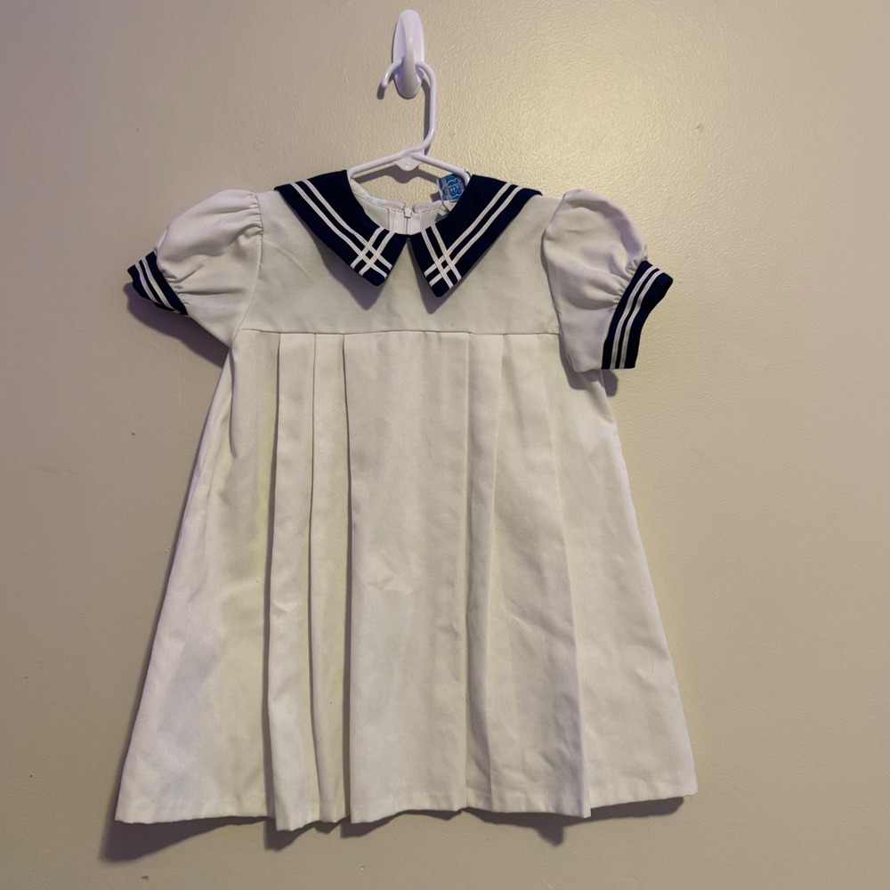 Little Evie Girls Sailor Dress White Navy Pleated Short Sleeve Size 5